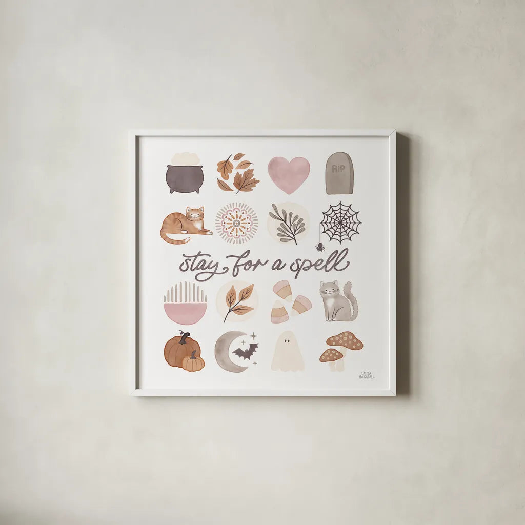 Pumpkins and Paws VI by Laura Marshall. Shown in a crisp white glass frame for a clean and minimalist style. Available as an archival giclee rolled canvas, fine art paper, or poster print. SKU 95567a.