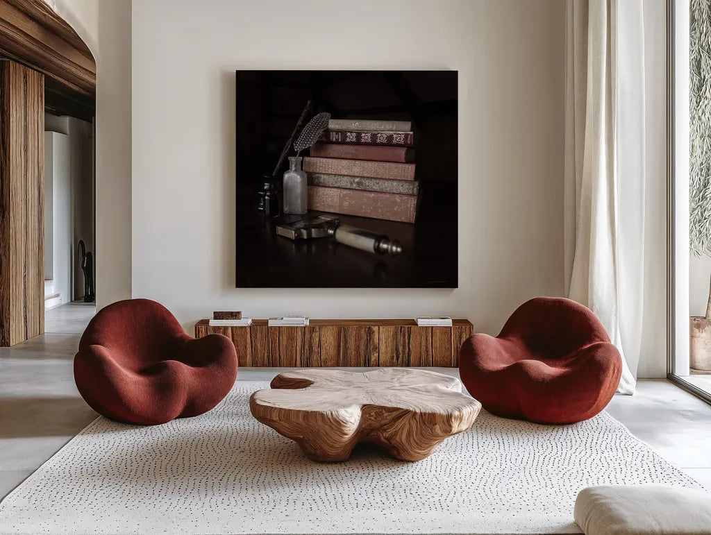 Quiet Study II by Laura Marshall. Shown as extra-large giant wall art in a modern living room. Available as an archival giclee rolled canvas, fine art paper, or poster print. SKU 99039a.