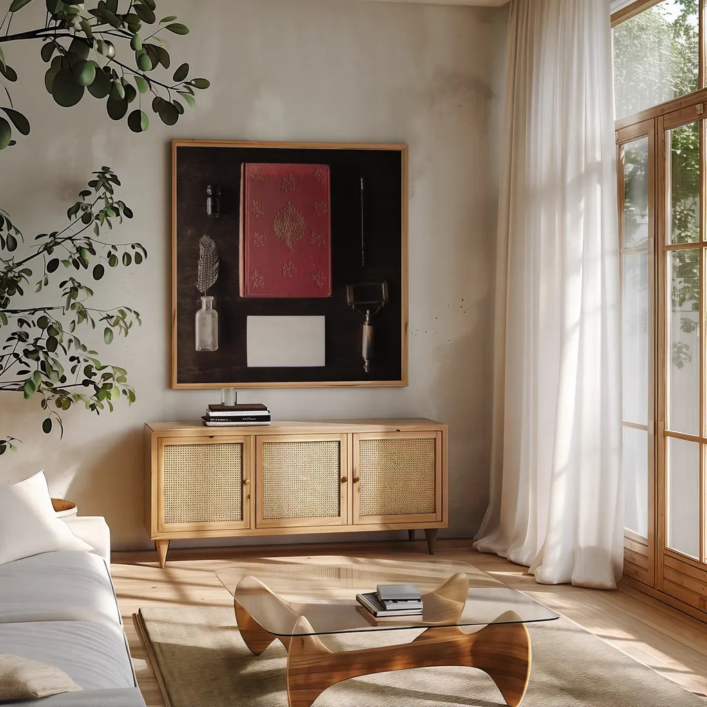 Quiet Study III by Laura Marshall. Shown in a natural wood frame in a cozy modern living room. Available as an archival giclee rolled canvas, fine art paper, or poster print. SKU 99040a.