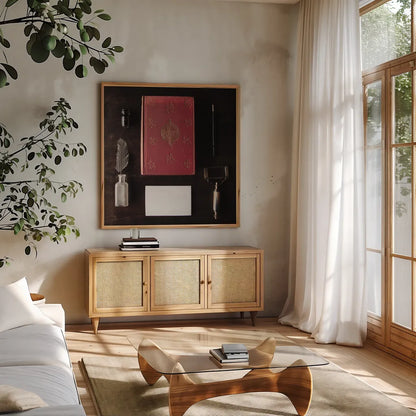 Quiet Study III by Laura Marshall. Shown in a natural wood frame in a cozy modern living room. Available as an archival giclee rolled canvas, fine art paper, or poster print. SKU 99040a.