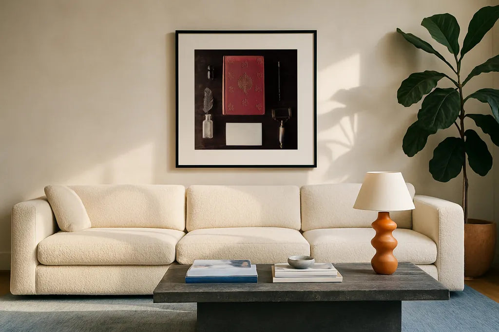 Quiet Study III by Laura Marshall. Displayed in a glass frame with matte in a clean modern living room. Available as an archival giclee rolled canvas, fine art paper, or poster print. SKU 99040a.