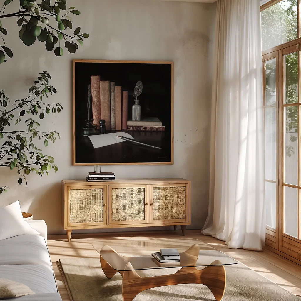 Quiet Study VI by Laura Marshall. Shown in a natural wood frame in a cozy modern living room. Available as an archival giclee rolled canvas, fine art paper, or poster print. SKU 99043a.