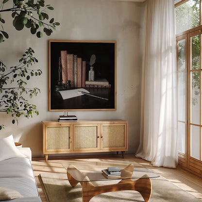 Quiet Study VI by Laura Marshall. Shown in a natural wood frame in a cozy modern living room. Available as an archival giclee rolled canvas, fine art paper, or poster print. SKU 99043a.