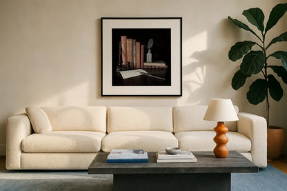 Quiet Study VI by Laura Marshall. Displayed in a glass frame with matte in a clean modern living room. Available as an archival giclee rolled canvas, fine art paper, or poster print. SKU 99043a.