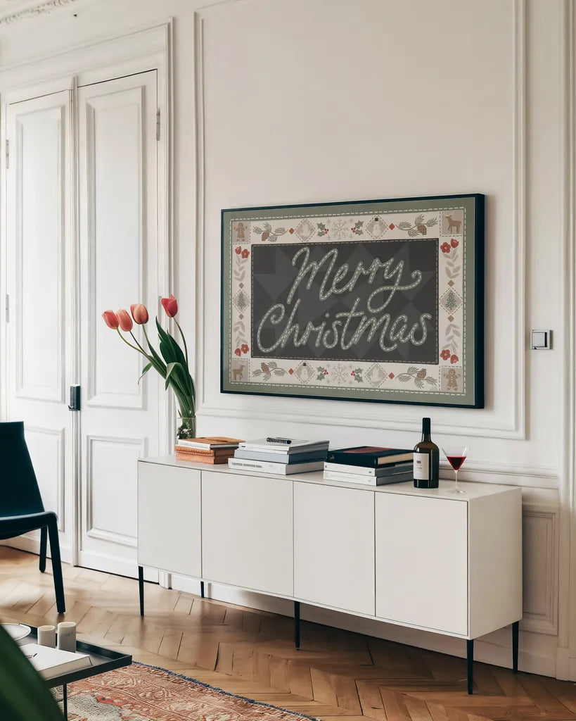 Quilted Christmas I by Laura Marshall. shown as a framed stretched canvas in a living room above a console. Available as a archival giclee rolled canvas, fine art paper, or poster print. SKU 94798i.