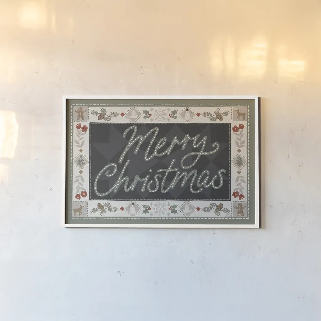 Quilted Christmas I by Laura Marshall. shown as a paper print in a white frame. Available as a archival giclee rolled canvas, fine art paper, or poster print. SKU 94798i.