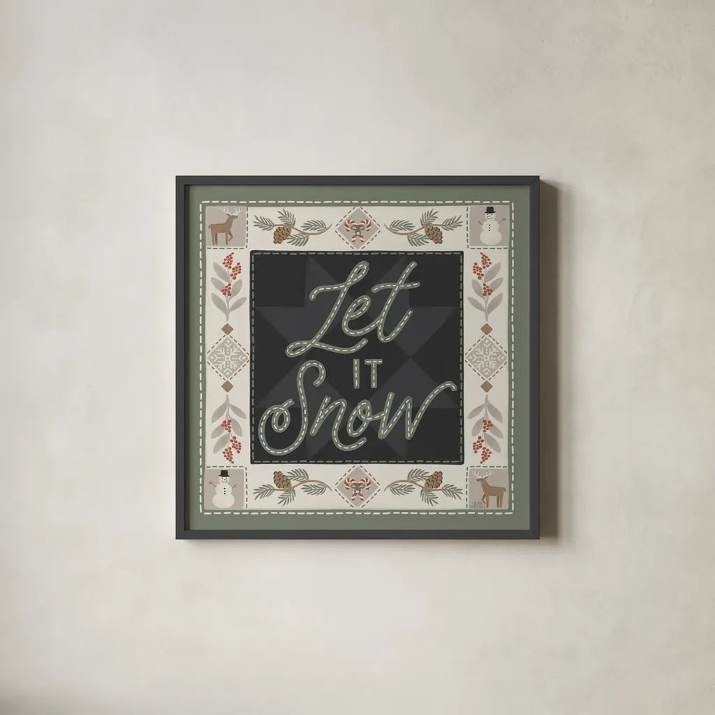 Quilted Christmas II by Laura Marshall. Shown in a sleek black glass frame for a contemporary gallery look. Available as an archival giclee rolled canvas, fine art paper, or poster print. SKU 94799a.