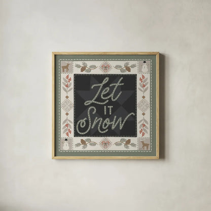 Quilted Christmas II by Laura Marshall. Shown in a natural wood glass frame for a timeless modern aesthetic. Available as an archival giclee rolled canvas, fine art paper, or poster print. SKU 94799a.