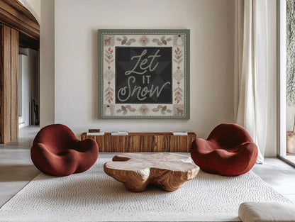 Quilted Christmas II by Laura Marshall. Shown as extra-large giant wall art in a modern living room. Available as an archival giclee rolled canvas, fine art paper, or poster print. SKU 94799a.