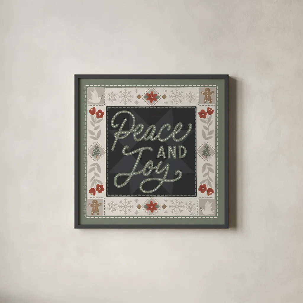 Quilted Christmas III by Laura Marshall. Shown in a sleek black glass frame for a contemporary gallery look. Available as an archival giclee rolled canvas, fine art paper, or poster print. SKU 94800a.