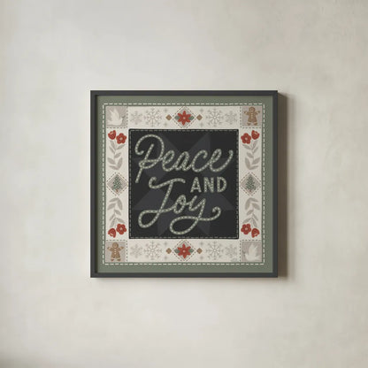 Quilted Christmas III by Laura Marshall. Shown in a sleek black glass frame for a contemporary gallery look. Available as an archival giclee rolled canvas, fine art paper, or poster print. SKU 94800a.