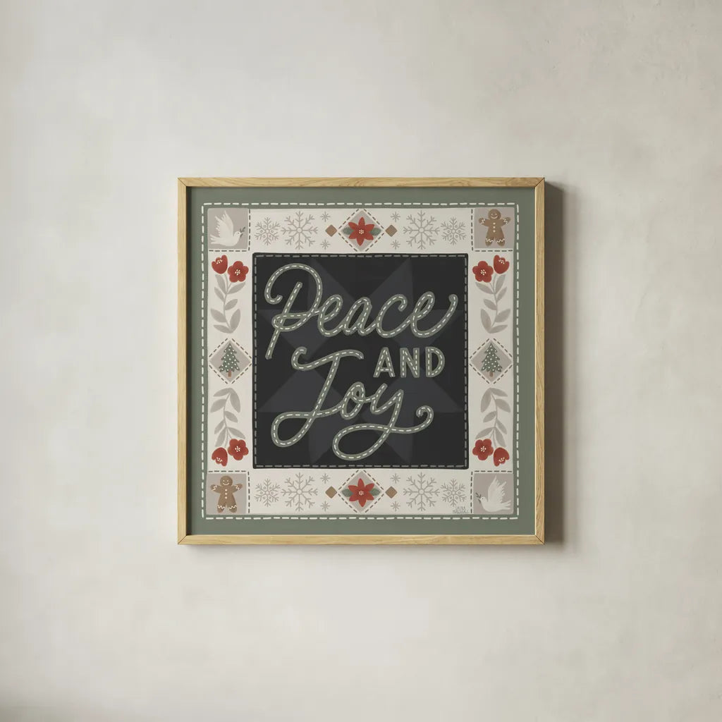 Quilted Christmas III by Laura Marshall. Shown in a natural wood glass frame for a timeless modern aesthetic. Available as an archival giclee rolled canvas, fine art paper, or poster print. SKU 94800a.