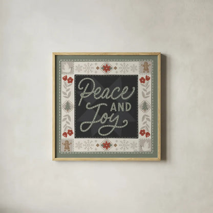 Quilted Christmas III by Laura Marshall. Shown in a natural wood glass frame for a timeless modern aesthetic. Available as an archival giclee rolled canvas, fine art paper, or poster print. SKU 94800a.