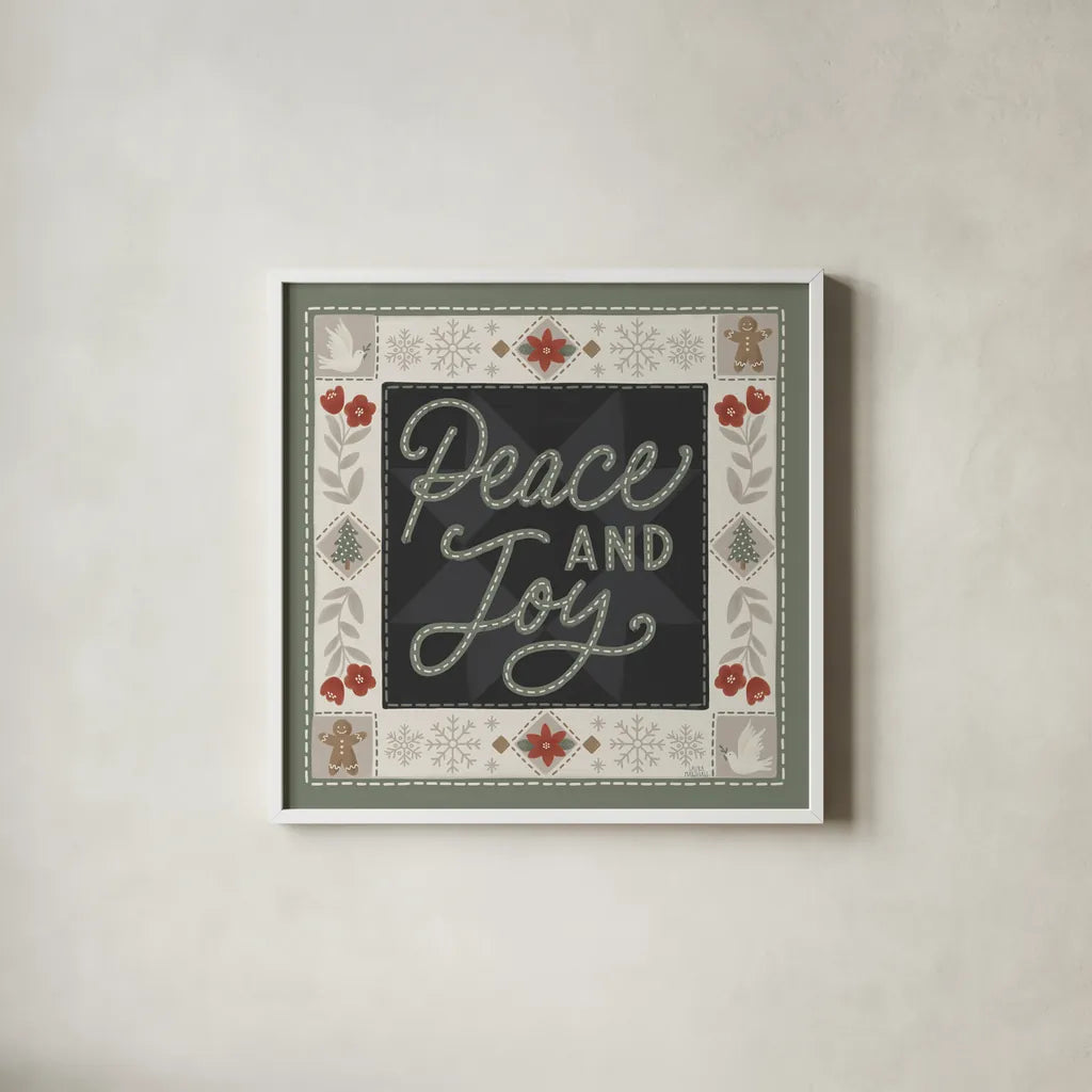 Quilted Christmas III by Laura Marshall. Shown in a crisp white glass frame for a clean and minimalist style. Available as an archival giclee rolled canvas, fine art paper, or poster print. SKU 94800a.