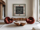 Quilted Christmas III by Laura Marshall. Shown as extra-large giant wall art in a modern living room. Available as an archival giclee rolled canvas, fine art paper, or poster print. SKU 94800a.