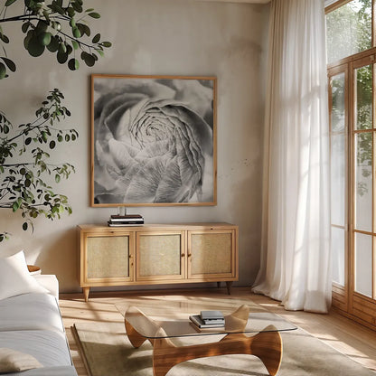 Ranunculus Abstract II BW Light by Laura Marshall. Shown in a natural wood frame in a cozy modern living room. Available as an archival giclee rolled canvas, fine art paper, or poster print. SKU 43247a.