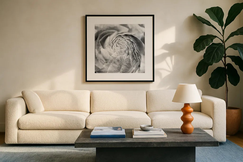 Ranunculus Abstract II BW Light by Laura Marshall. Displayed in a glass frame with matte in a clean modern living room. Available as an archival giclee rolled canvas, fine art paper, or poster print. SKU 43247a.