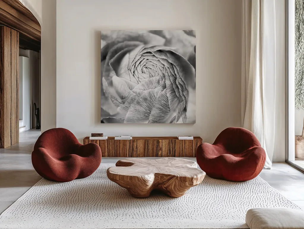 Ranunculus Abstract II BW Light by Laura Marshall. Shown as extra-large giant wall art in a modern living room. Available as an archival giclee rolled canvas, fine art paper, or poster print. SKU 43247a.