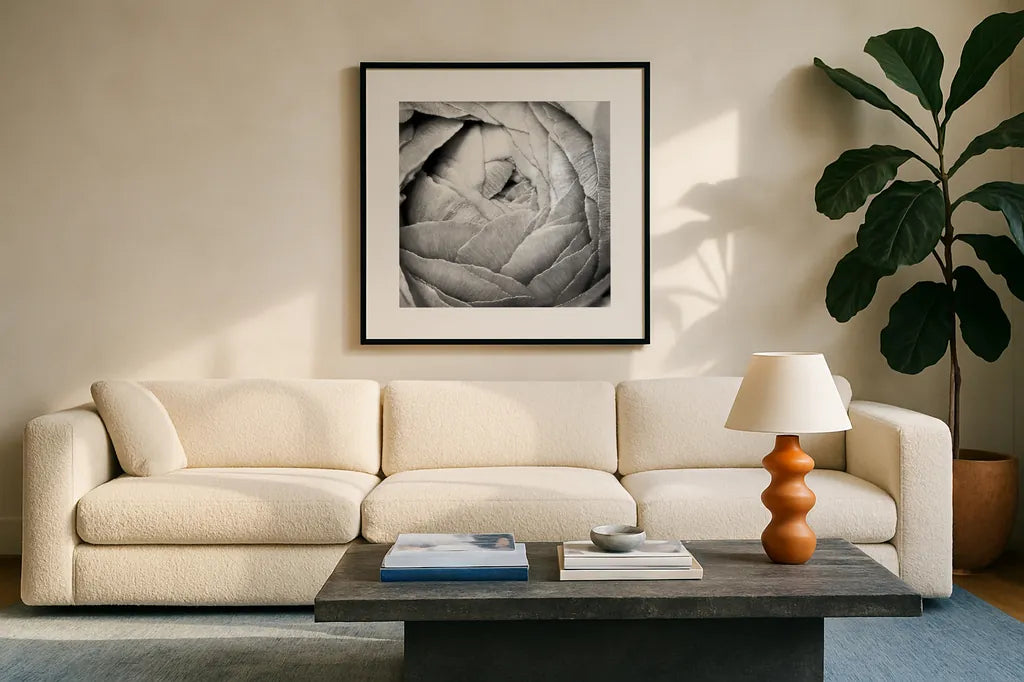 Ranunculus Abstract III BW Light by Laura Marshall. Displayed in a glass frame with matte in a clean modern living room. Available as an archival giclee rolled canvas, fine art paper, or poster print. SKU 43248a.