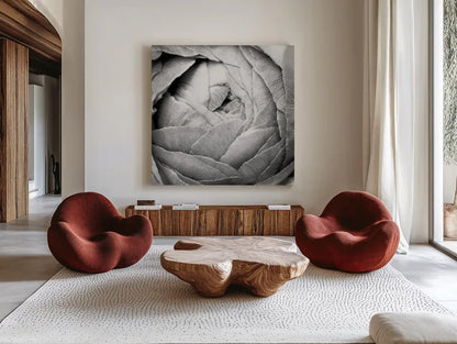 Ranunculus Abstract III BW Light by Laura Marshall. Shown as extra-large giant wall art in a modern living room. Available as an archival giclee rolled canvas, fine art paper, or poster print. SKU 43248a.