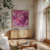 Ranunculus Abstract IV Color by Laura Marshall. Shown in a natural wood frame in a cozy modern living room. Available as an archival giclee rolled canvas, fine art paper, or poster print. SKU 25281a.