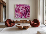 Ranunculus Abstract IV Color by Laura Marshall. Shown as extra-large giant wall art in a modern living room. Available as an archival giclee rolled canvas, fine art paper, or poster print. SKU 25281a.