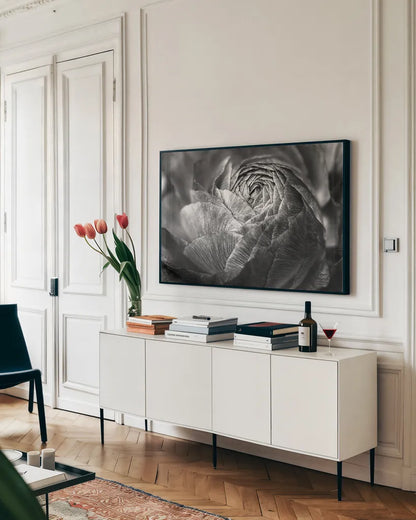 Ranunculus Abstract V BW by Laura Marshall. shown as a framed stretched canvas in a living room above a console. Available as a archival giclee rolled canvas, fine art paper, or poster print. SKU 25288i.