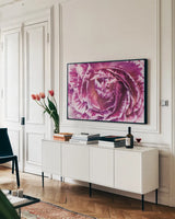 Ranunculus Abstract VI Color by Laura Marshall. shown as a framed stretched canvas in a living room above a console. Available as a archival giclee rolled canvas, fine art paper, or poster print. SKU 25283i.