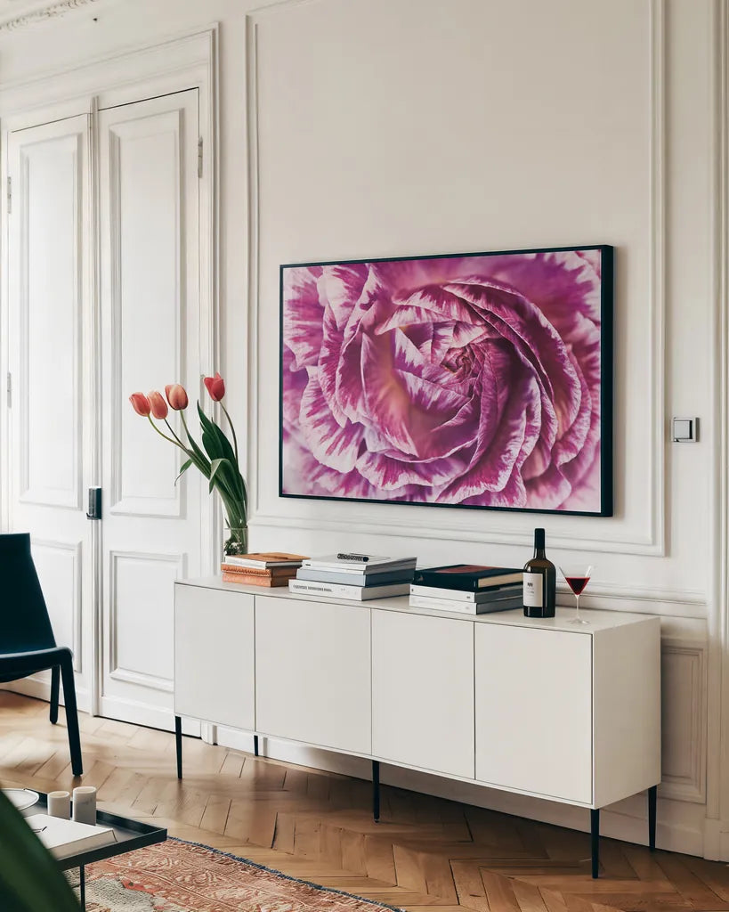 Ranunculus Abstract VI Color by Laura Marshall. shown as a framed stretched canvas in a living room above a console. Available as a archival giclee rolled canvas, fine art paper, or poster print. SKU 25283i.