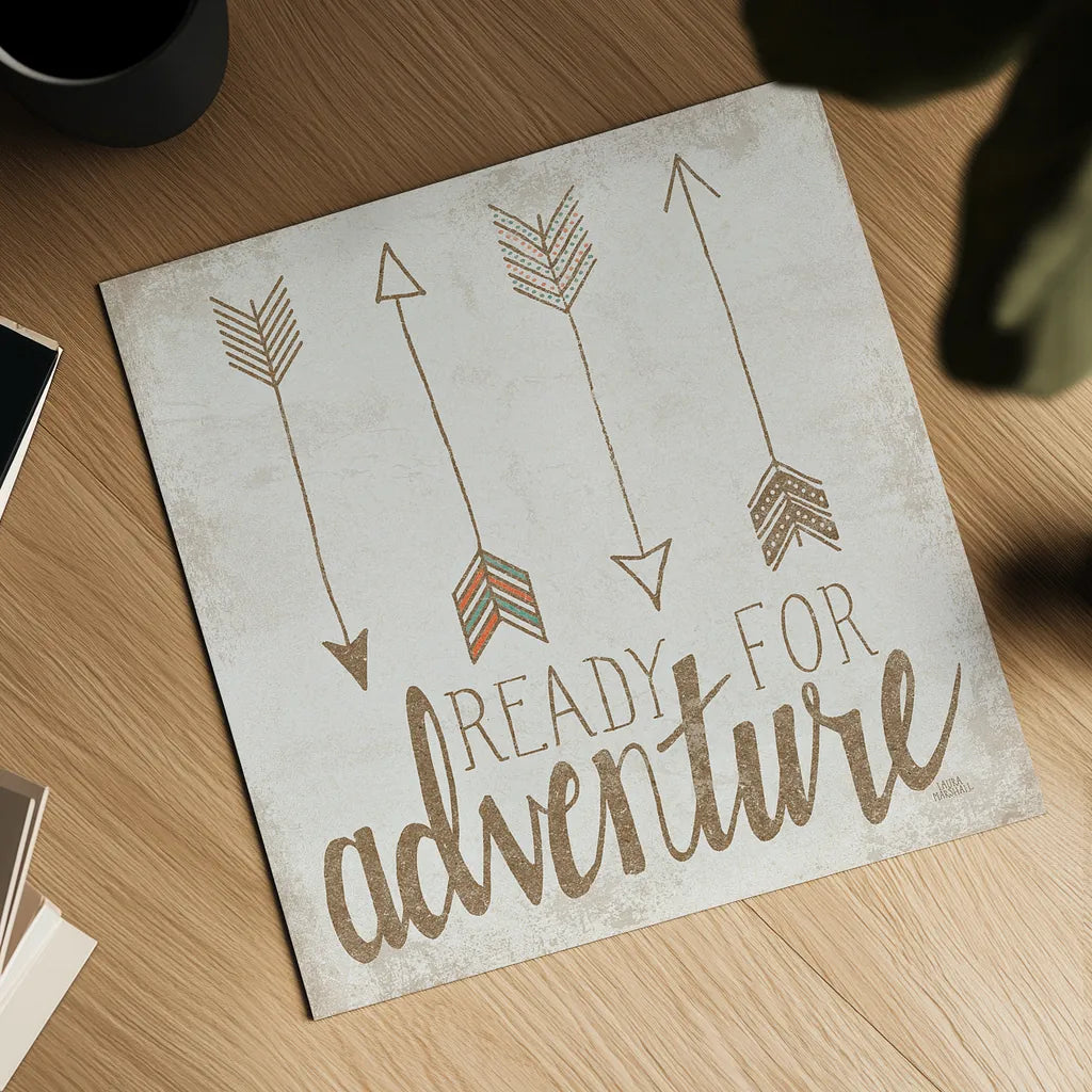 Ready for Adventure Beige by Laura Marshall. Shown as a detailed flat fine art print, highlighting archival giclee quality. Available as an archival giclee rolled canvas, fine art paper, or poster print. SKU 35063a.