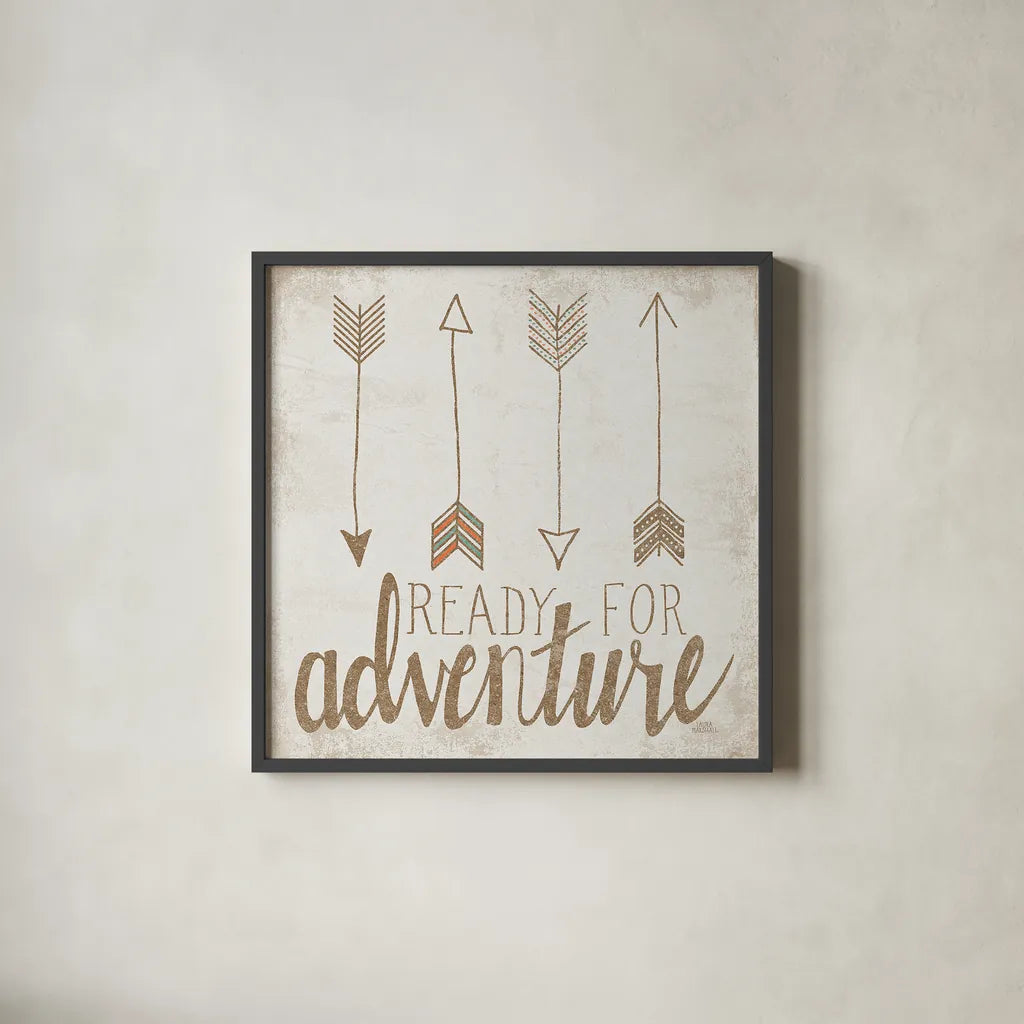 Ready for Adventure Beige by Laura Marshall. Shown in a sleek black glass frame for a contemporary gallery look. Available as an archival giclee rolled canvas, fine art paper, or poster print. SKU 35063a.