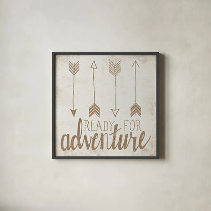 Ready for Adventure Beige by Laura Marshall. Shown in a sleek black glass frame for a contemporary gallery look. Available as an archival giclee rolled canvas, fine art paper, or poster print. SKU 35063a.