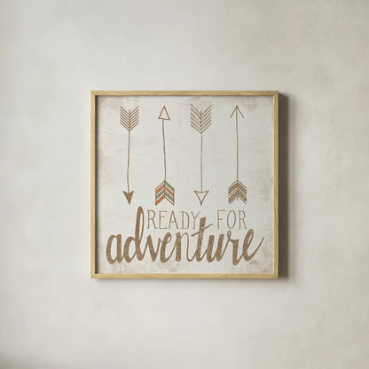 Ready for Adventure Beige by Laura Marshall. Shown in a natural wood glass frame for a timeless modern aesthetic. Available as an archival giclee rolled canvas, fine art paper, or poster print. SKU 35063a.