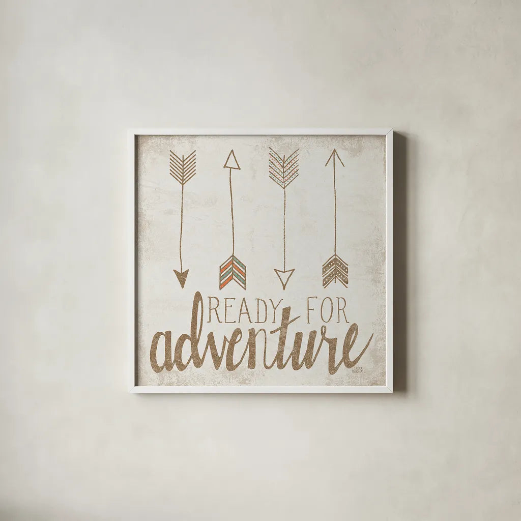 Ready for Adventure Beige by Laura Marshall. Shown in a crisp white glass frame for a clean and minimalist style. Available as an archival giclee rolled canvas, fine art paper, or poster print. SKU 35063a.