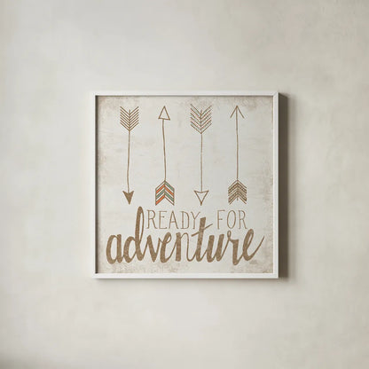 Ready for Adventure Beige by Laura Marshall. Shown in a crisp white glass frame for a clean and minimalist style. Available as an archival giclee rolled canvas, fine art paper, or poster print. SKU 35063a.