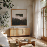 Reflected Landscape I by Laura Marshall. Shown in a natural wood frame in a cozy modern living room. Available as an archival giclee rolled canvas, fine art paper, or poster print. SKU 25130a.