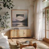 Reflected Landscape II by Laura Marshall. Shown in a natural wood frame in a cozy modern living room. Available as an archival giclee rolled canvas, fine art paper, or poster print. SKU 25131a.
