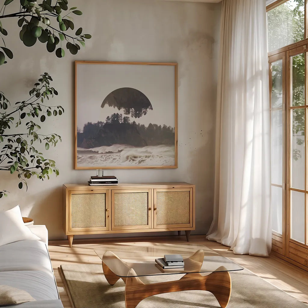 Reflected Landscape III by Laura Marshall. Shown in a natural wood frame in a cozy modern living room. Available as an archival giclee rolled canvas, fine art paper, or poster print. SKU 25132a.