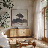 Reflected Landscape III by Laura Marshall. Shown in a natural wood frame in a cozy modern living room. Available as an archival giclee rolled canvas, fine art paper, or poster print. SKU 25132a.
