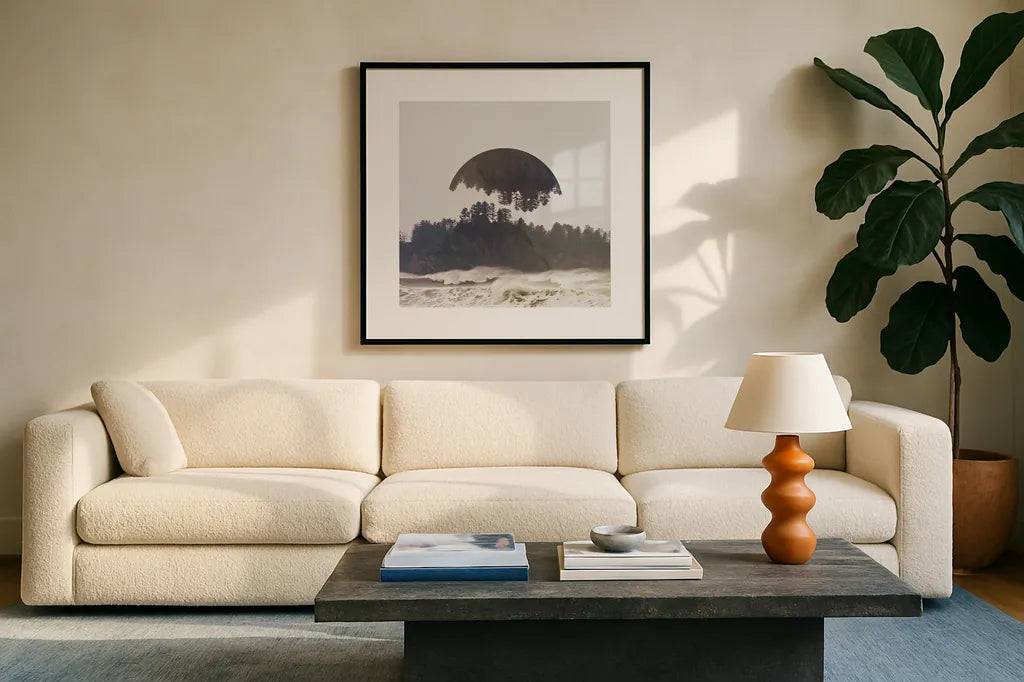 Reflected Landscape III by Laura Marshall. Displayed in a glass frame with matte in a clean modern living room. Available as an archival giclee rolled canvas, fine art paper, or poster print. SKU 25132a.