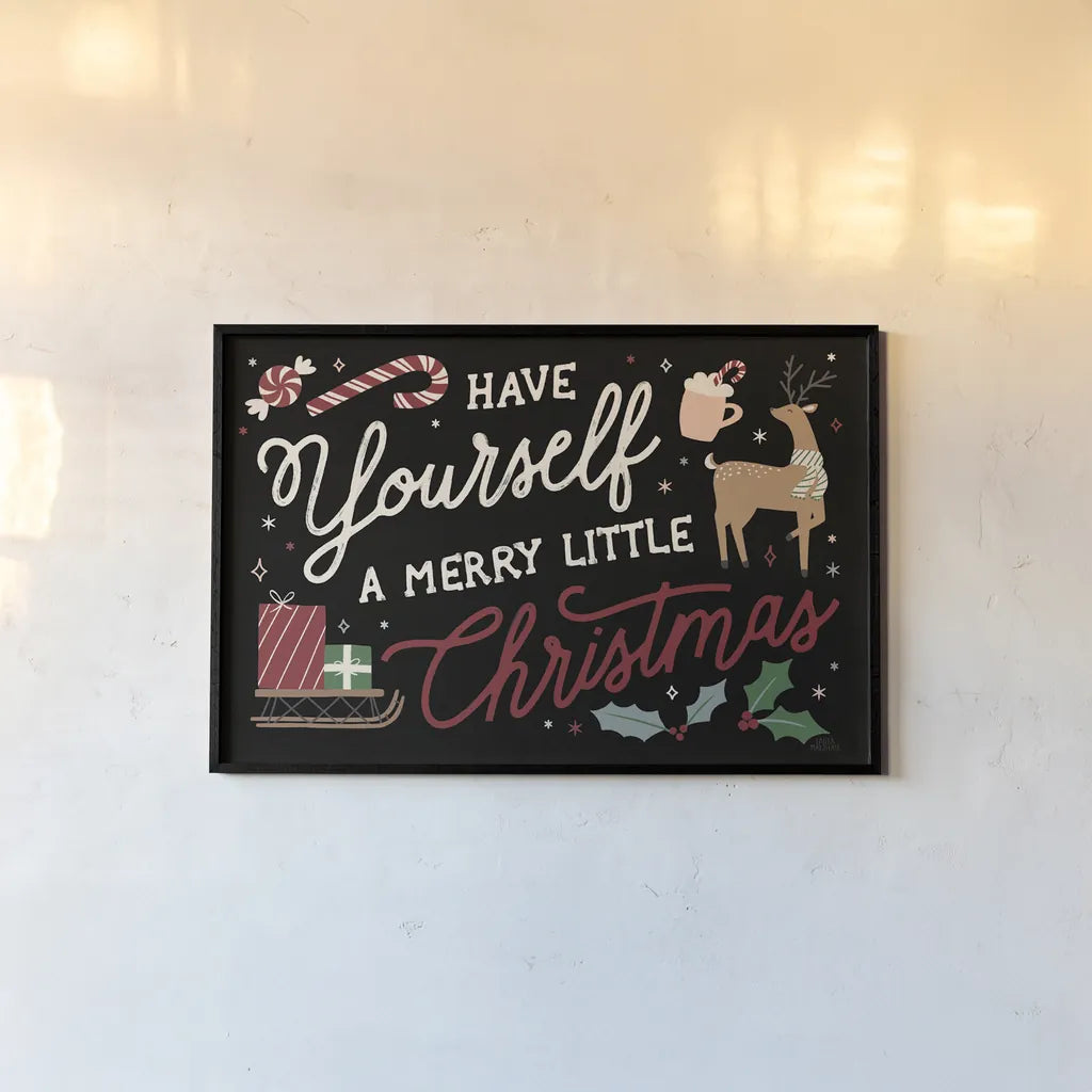 Reindeer Holiday I Black by Laura Marshall. shown as a paper print in a black flame. Available as a archival giclee rolled canvas, fine art paper, or poster print. SKU 75794i.