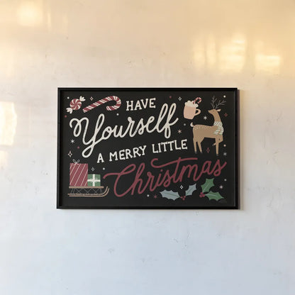 Reindeer Holiday I Black by Laura Marshall. shown as a paper print in a black flame. Available as a archival giclee rolled canvas, fine art paper, or poster print. SKU 75794i.