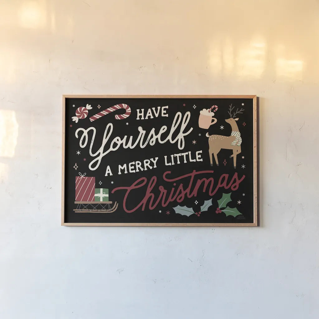 Reindeer Holiday I Black by Laura Marshall. shown as a paper print in a natural frame. Available as a archival giclee rolled canvas, fine art paper, or poster print. SKU 75794i.