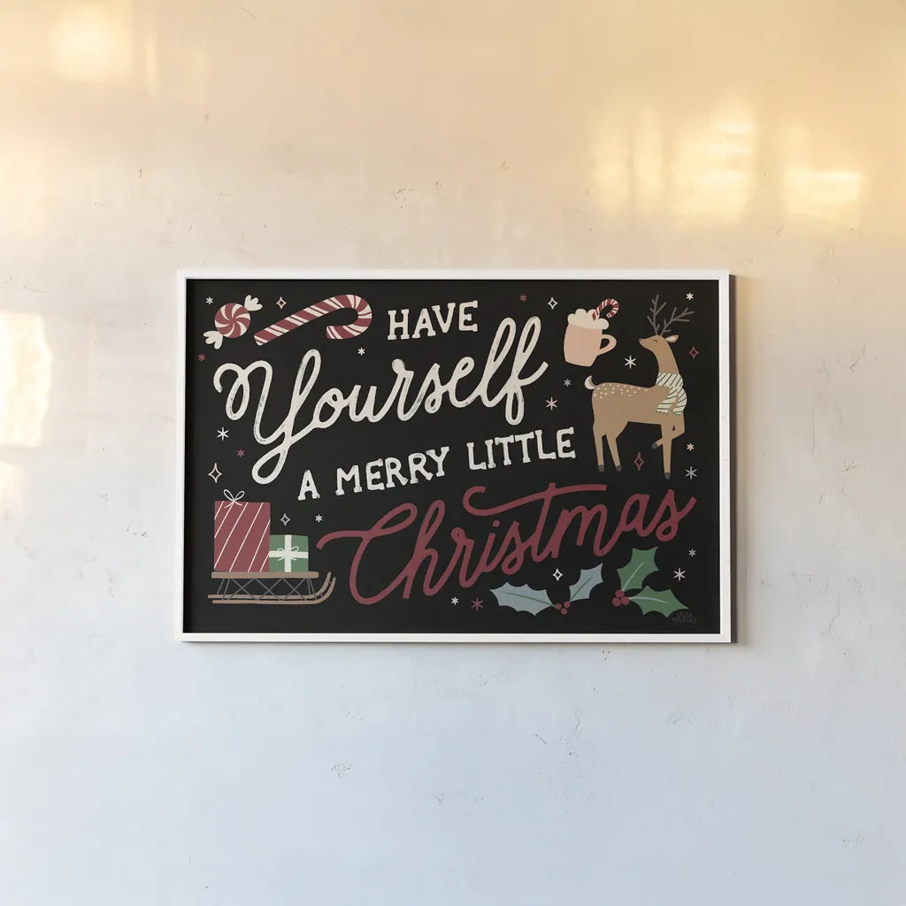 Reindeer Holiday I Black by Laura Marshall. shown as a paper print in a white frame. Available as a archival giclee rolled canvas, fine art paper, or poster print. SKU 75794i.