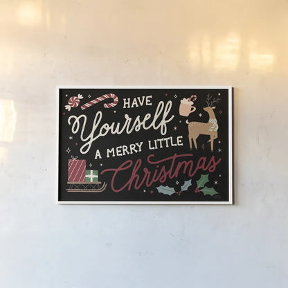 Reindeer Holiday I Black by Laura Marshall. shown as a paper print in a white frame. Available as a archival giclee rolled canvas, fine art paper, or poster print. SKU 75794i.