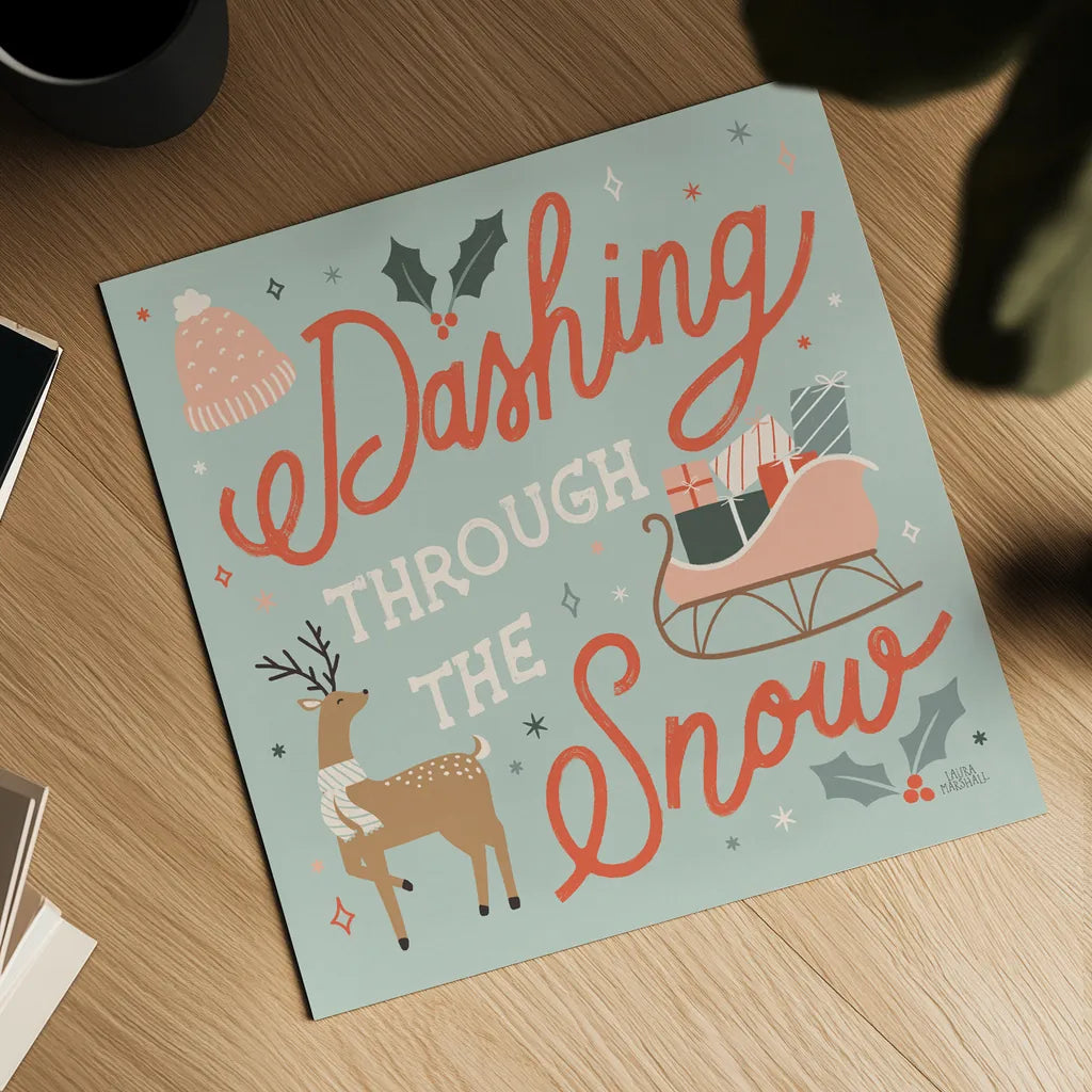 Reindeer Holiday IV by Laura Marshall. Shown as a detailed flat fine art print, highlighting archival giclee quality. Available as an archival giclee rolled canvas, fine art paper, or poster print. SKU 75374a.