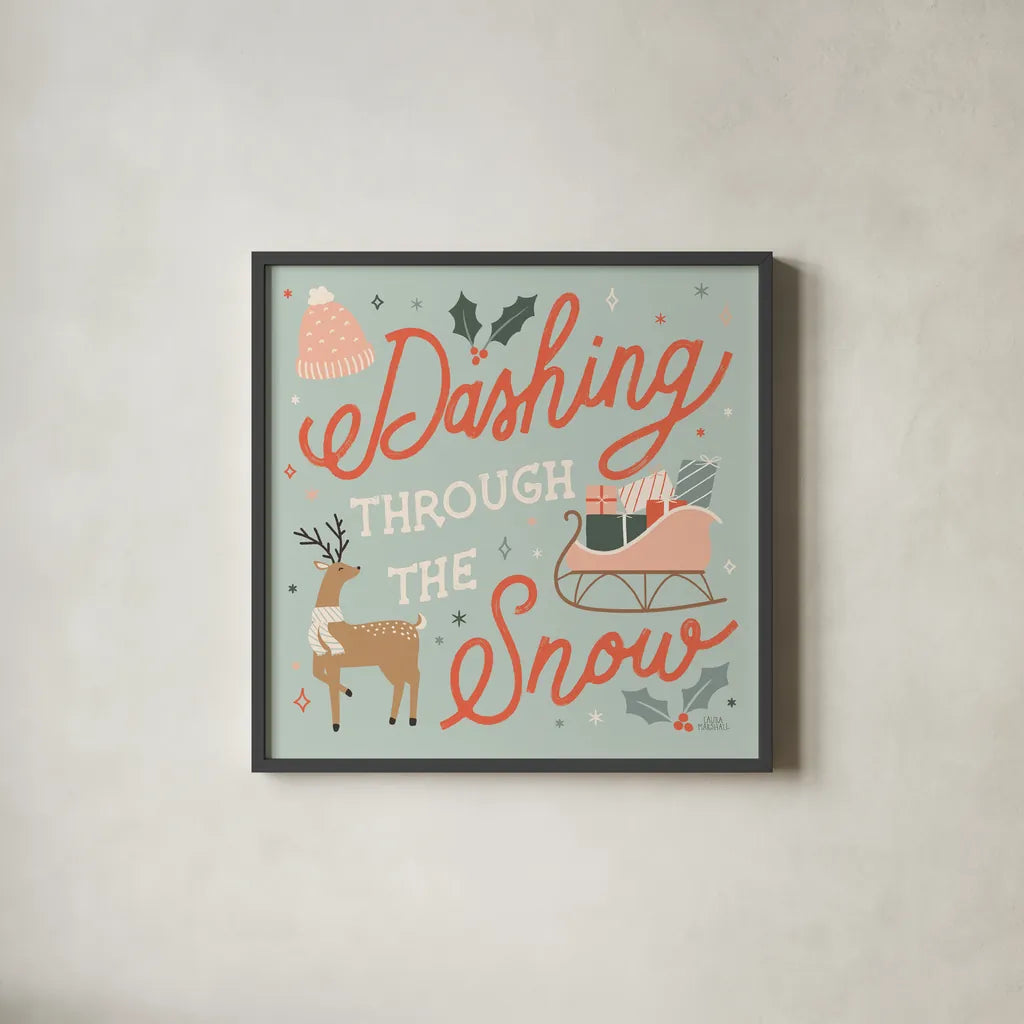 Reindeer Holiday IV by Laura Marshall. Shown in a sleek black glass frame for a contemporary gallery look. Available as an archival giclee rolled canvas, fine art paper, or poster print. SKU 75374a.