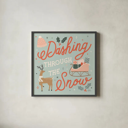 Reindeer Holiday IV by Laura Marshall. Shown in a sleek black glass frame for a contemporary gallery look. Available as an archival giclee rolled canvas, fine art paper, or poster print. SKU 75374a.