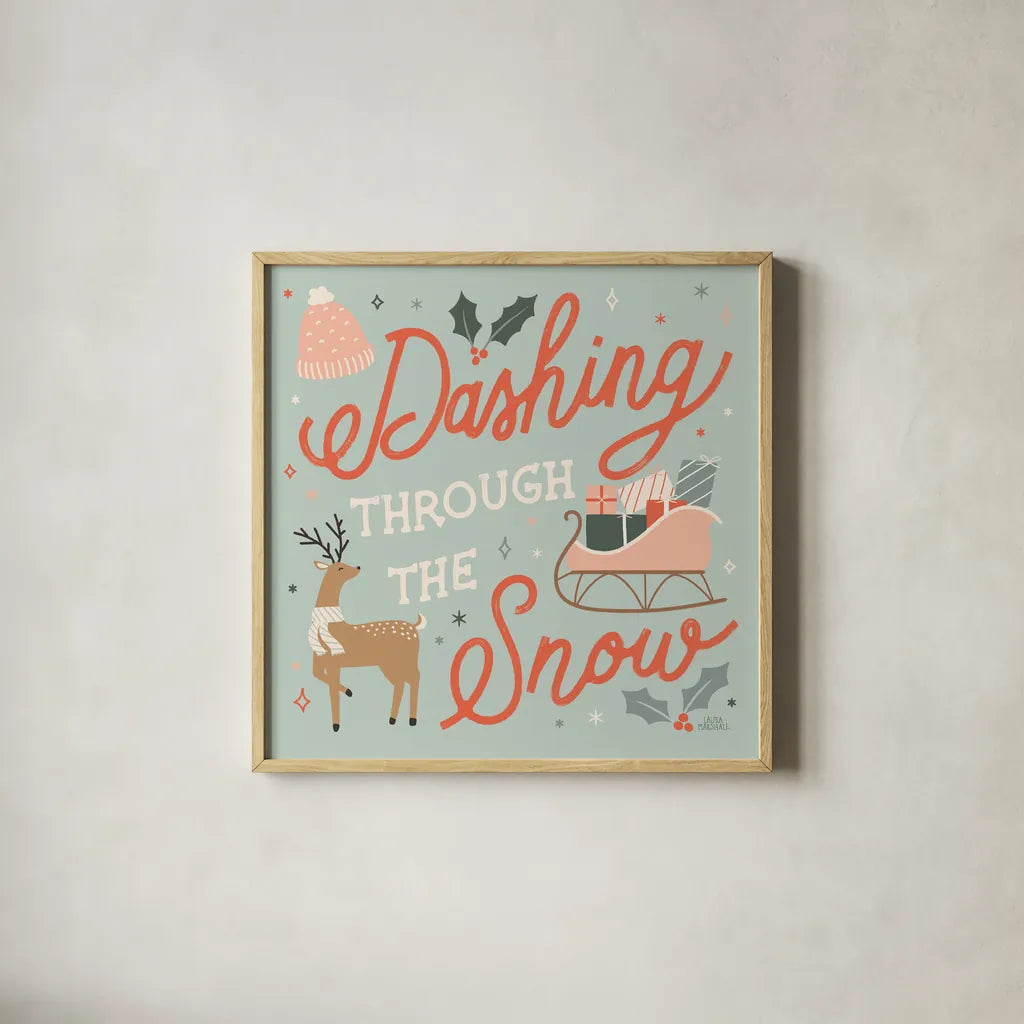 Reindeer Holiday IV by Laura Marshall. Shown in a natural wood glass frame for a timeless modern aesthetic. Available as an archival giclee rolled canvas, fine art paper, or poster print. SKU 75374a.