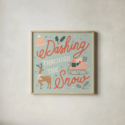 Reindeer Holiday IV by Laura Marshall. Shown in a natural wood glass frame for a timeless modern aesthetic. Available as an archival giclee rolled canvas, fine art paper, or poster print. SKU 75374a.